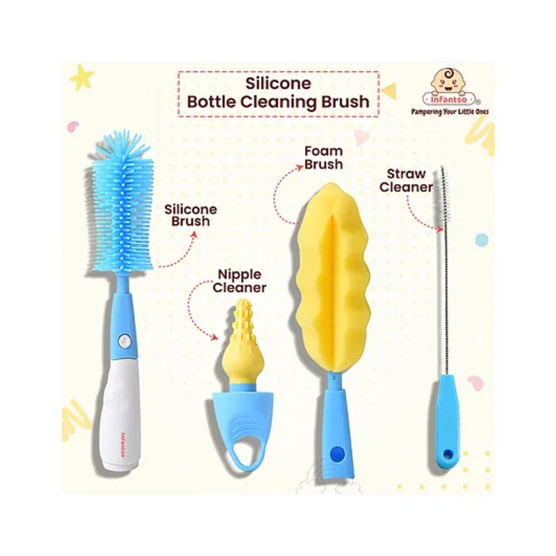 Infantso 4-in-1 Silicone Bottle Cleaning Brush: Deep Clean Baby Bottles, Nipples, and Straws – Blue