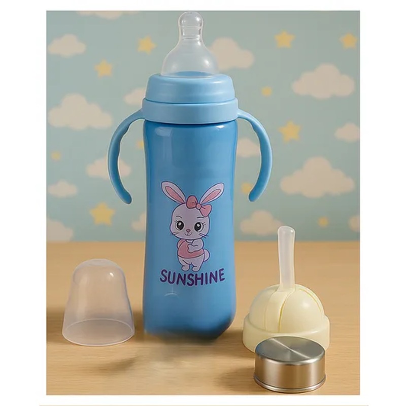 KIDS BASIC Baby 3 In 1 Stainless Steel Attractive Printed Multi-Functional Thermal Baby Straw Feeding Bottle With Handles – Blue- 240 ml