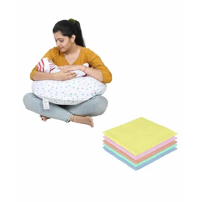 Lulamom Nursing Pillow with Cover Star Print & Muslin Napkin – Blue