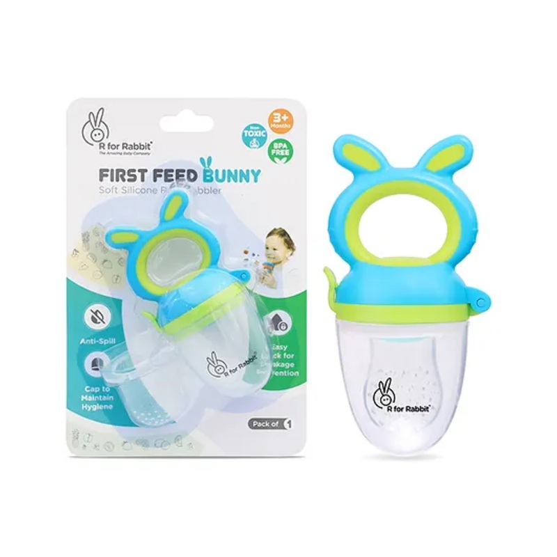 R for Rabbit First Feed Bunny Nibbler Soft Silicon Chewing Fruit Feeder for Babies | Baby Fruit & Food Veggie Teether |Hygenic & BPA Free | Pacifier for infant 3+ Months (Green-Blue)