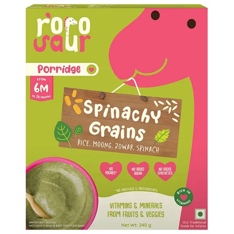 Rorosaur Porridge Mix with Spinach, Lentils & Rice, Nutrient Rich Baby Food | Rich in Vitamins & Minerals | Travel Friendly | No Milk, No Added Sugars, No synthetic vitamins, No preservatives, 240g