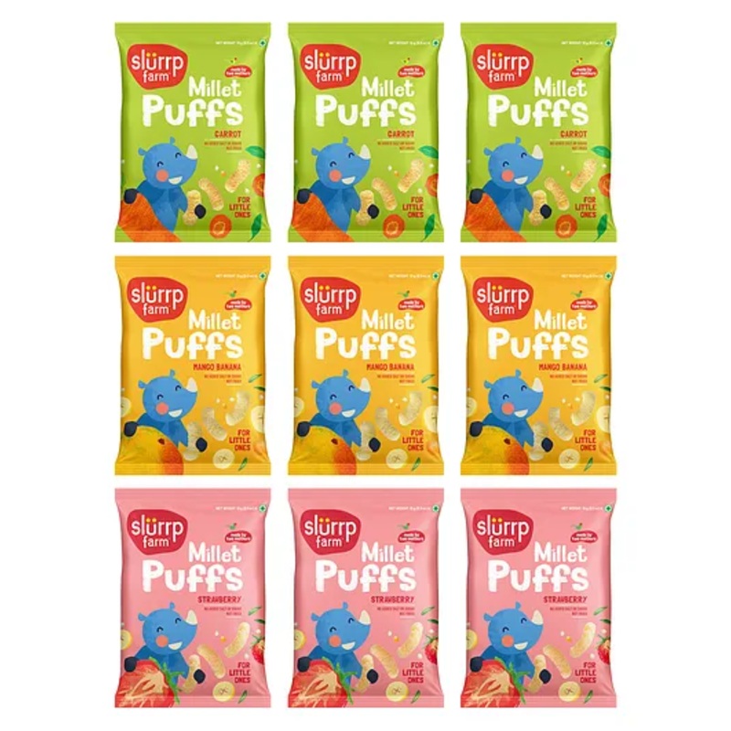 Slurrp Farm Fruit and Vegetable Baked Puffs  in Yummy Flavours Carrot Strawberry & Banana Mango Pack of 9 – 15 g Each