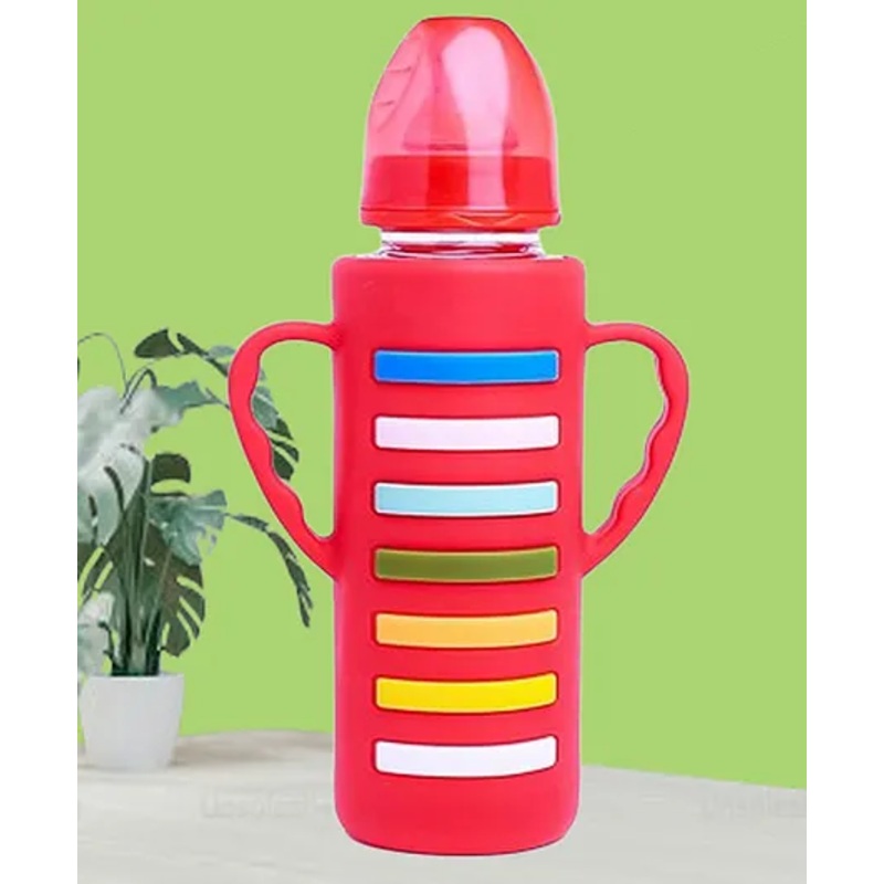 The Cheeky Kidzz Baby Borosilicate Glass Feeding Bottle Twin Handle With Silicone Cover BPA Free – 240 ml (RED STRIP)