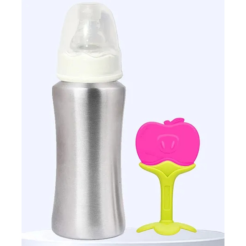 The Cheeky Kidzz Baby Fruit Shape Silicone Teether Teething With Stainless Steel 240ml Feeding Bottle Set BPA Free (WHITE)