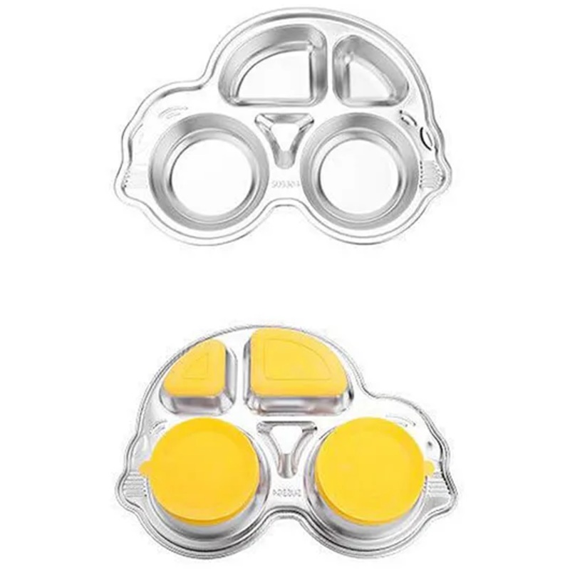 Theoni Stainless Steel Car Shape Suction Plate for Toddlers | 4 Section Kids Feeding Plate | BPA-Free & Dishwasher Safe