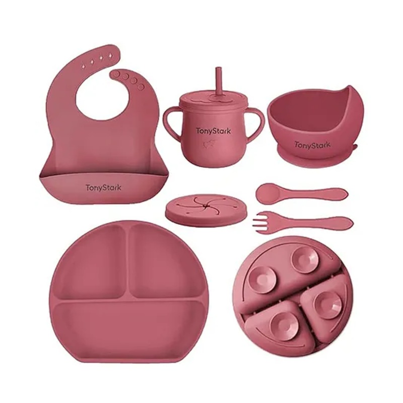 TONY STARK 6 Pcs Silicone Baby Feeding Set, BPA Free & Microwave Safe Dinner Tableware Kit – Feeding Bowl, Suction Plate, Cup, Spoon, Fork & Bib for Kids, Toddler (Pink)