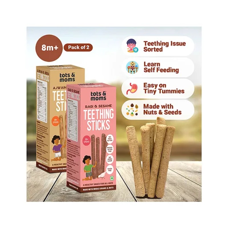 Tots and Moms Teething Sticks made with Jaggery for babies, 12Months+ | Ajwain & Jeera, Ragi & Sesame | No Maida, No Sugar, No Preservatives | Nourishing Teething Treat | Pack of 2-150g each
