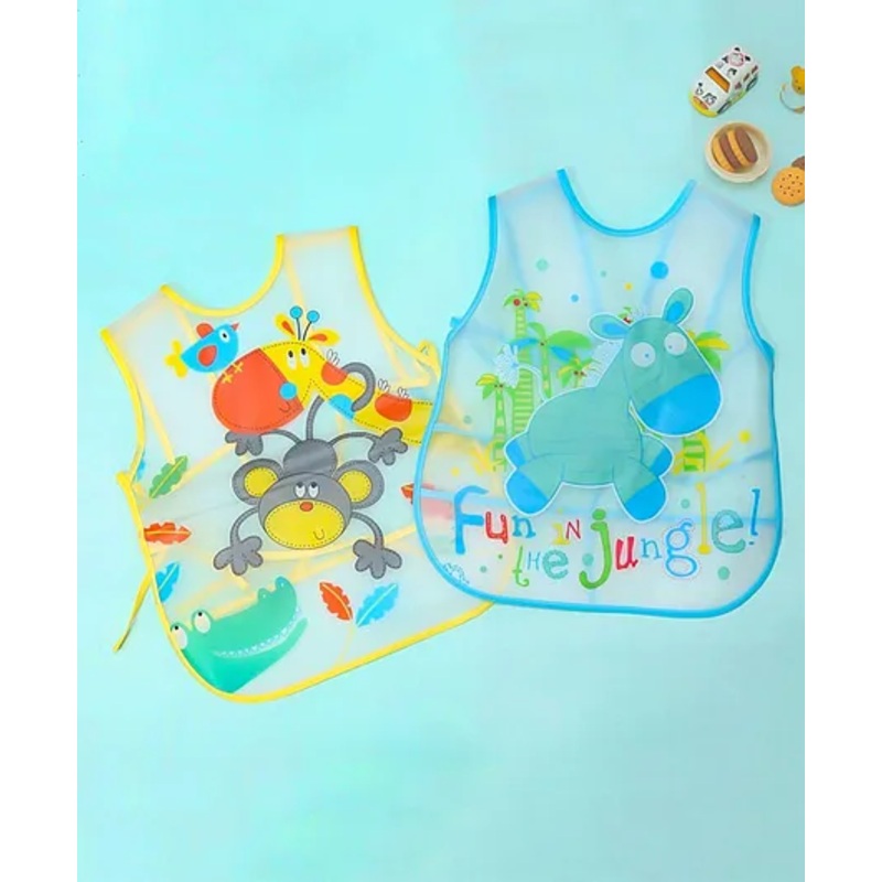 Yellow Bee Plastic Monkey and Donkey Print Bib with Adjustable Closure- Set of 2 for Boys Yellow and Blue