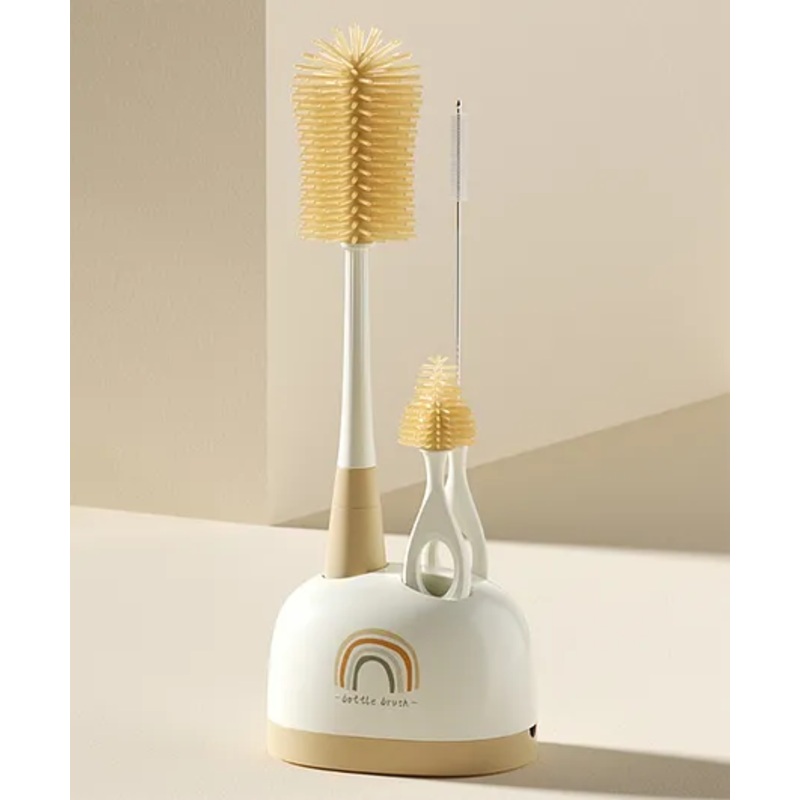 3 in 1 Bottle & Nipple Cleaning Brush with Stand – Yellow| Scratch Resistant| Silicone Bristles| Straw Cleaning Brush| Ergonomic Handle| Drip Tray