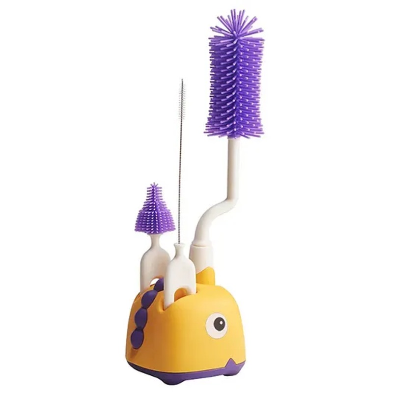 Adore Li’l Dino  3 in 1 Bottle Cleaning Brush kit with Drying Stand with Food Grade Silicone Bristles- Yellow