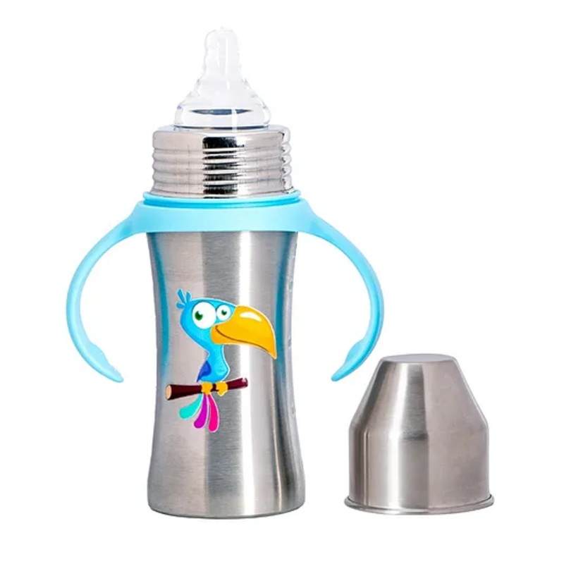 Adore Magnus! Premium Wideneck Stainless Steel Feeding Bottle with anti-colic teat and Handle 250ml – Blue Toucan