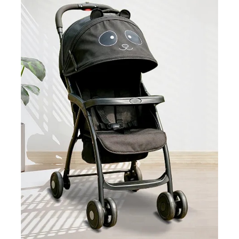 ANGELS & MICE Panda Baby Stroller Pram Newborn-3 Years, Iron, Food Tray, Foldable Baby Trolley with Safety Harness, Recline Seat & Extendable Canopy, Lightweight Baby Carrier & Pram, Black
