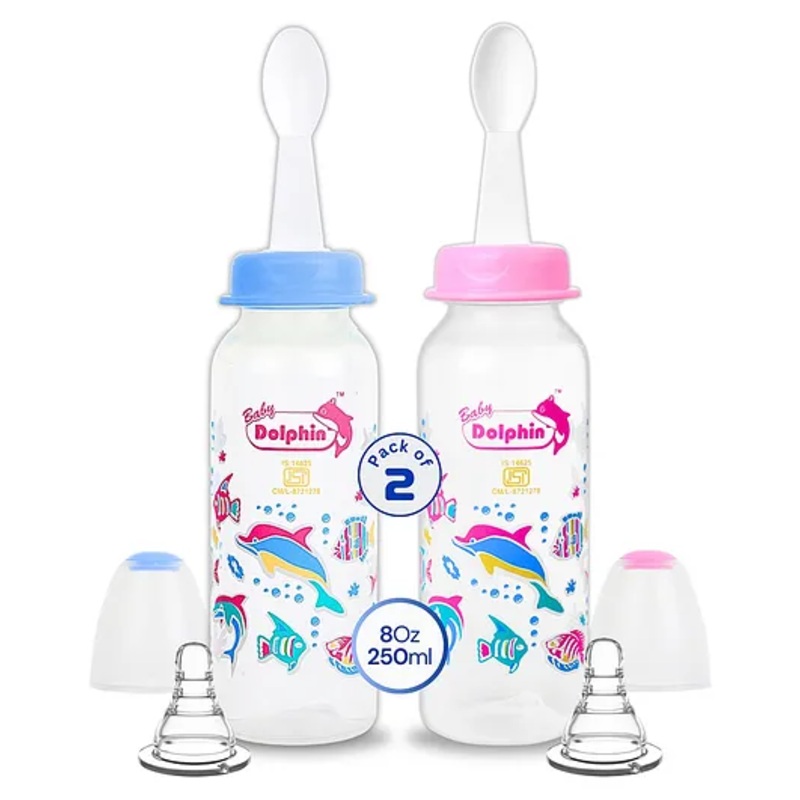 Baby Dolphin Anti-Colic Plastic Spoon Feeding Bottle | 250ml + 250ml | Pack of 2 | Liquid Silicone Nipple | BPA Free| Anti-Colic | Baby Spoon Feeder | Baby Milk Bottle | Blue & Pink.