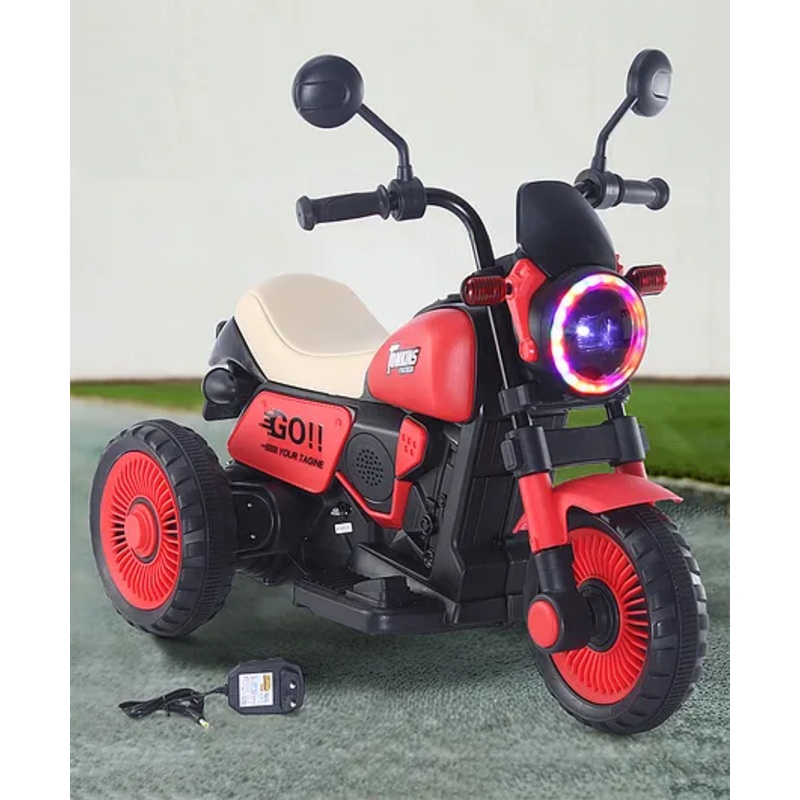 Baby Harley Three Wheel Battery Operated Ride on Bike with Music & Lights| Pre-loaded Music with USB & AUX| Easy to Assemble| Comfortable Seat| Easy to Operate – Red