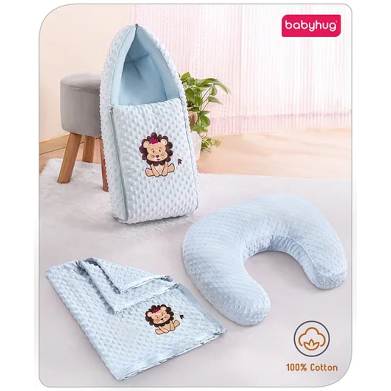 Babyhug Sleeping Bag Feeding Pillow & Blanket Combo Set with Lion Patch Detailing – Blue