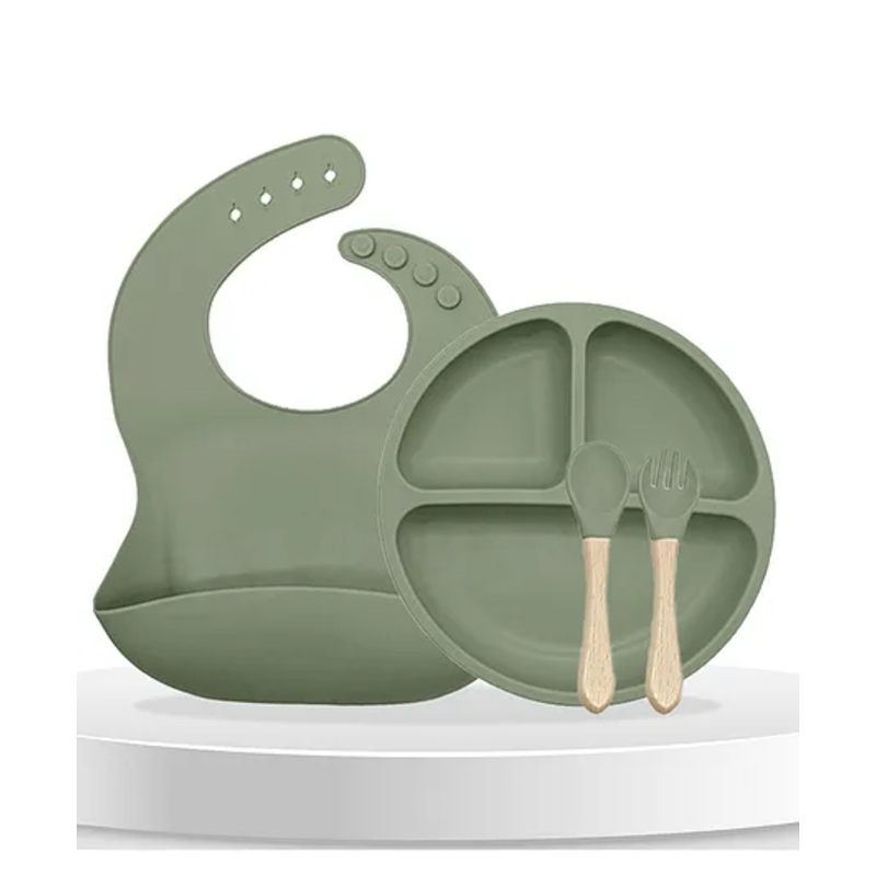 Bembika Baby Dinner Set Silicone Tableware Set With Bib For Baby Infant Pack Of 4  Sage
