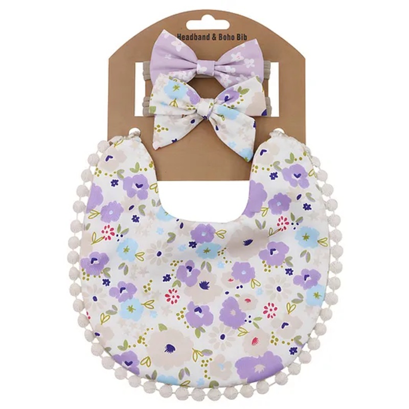 Bembika Baby Feeding Essential Baby Feeding Bib And Bow Floral- Purple