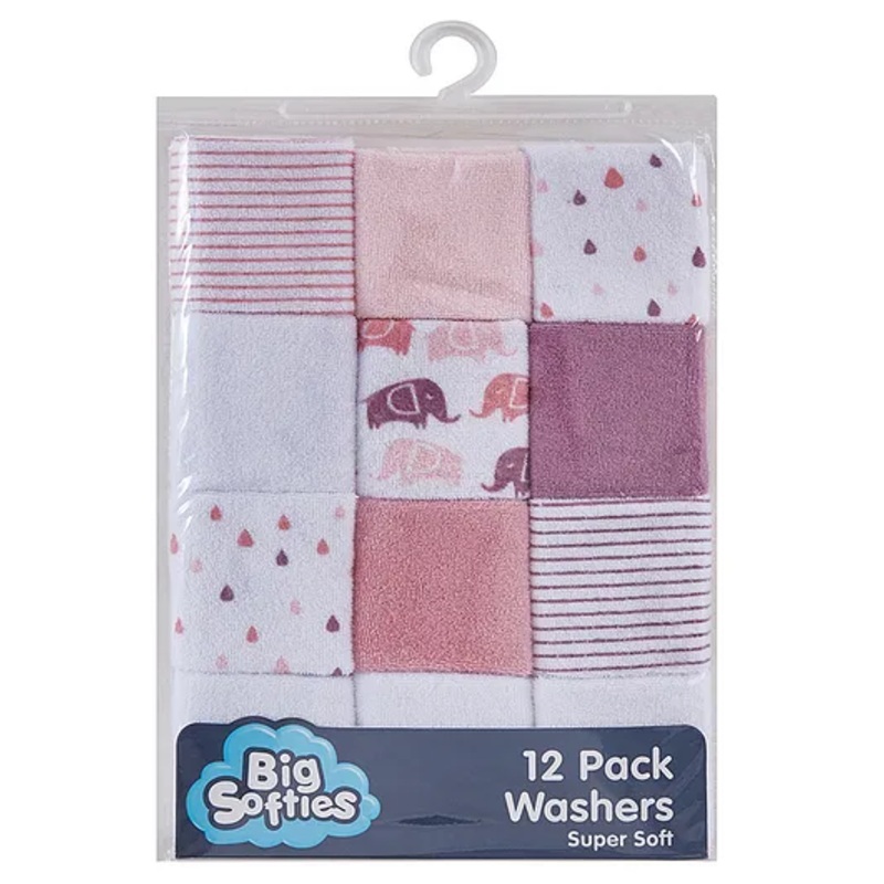 Big Softies Baby Terry Washers|Baby Napkins|Towelling|Cotton Blend|Super Absorbent & Soft|Baby’s Hygiene|Soft Pastel Colours & Prints for Girls|Pack of 12