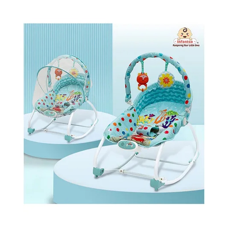 INFANTSO Baby Rocker Portable with Free Mosquito Net & Calming Vibrations with Music & Musical Toy (Blue)
