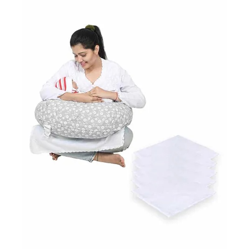 Lulamom Nursing Pillow with Cover Floral Print & Muslin Napkin – Grey White