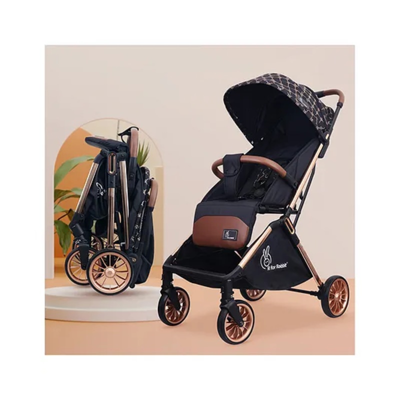 R for Rabbit Street Smart Auto Fold Stylish Newborn Baby Stroller| Aluminum Frame Pram with One Click Fold |Travel Friendly Cabin Trolley Stroller for 0-3 Years for Boy & Girl | (Gold Black)