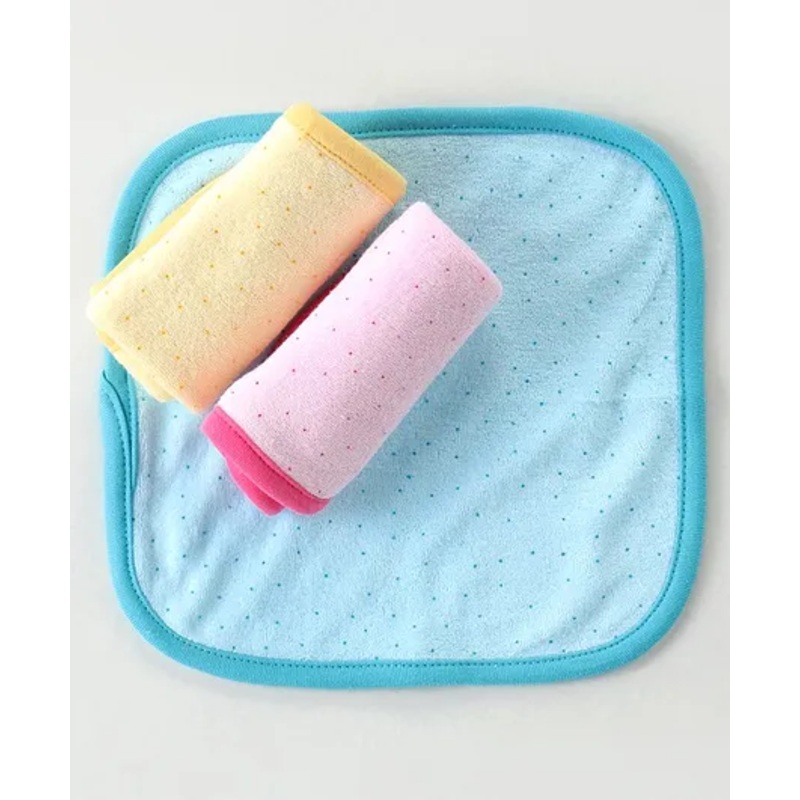 Simply Terry Knit Polka Dots Printed  Wash Clothes Pack of 3 – Pink Lemon &  Blue