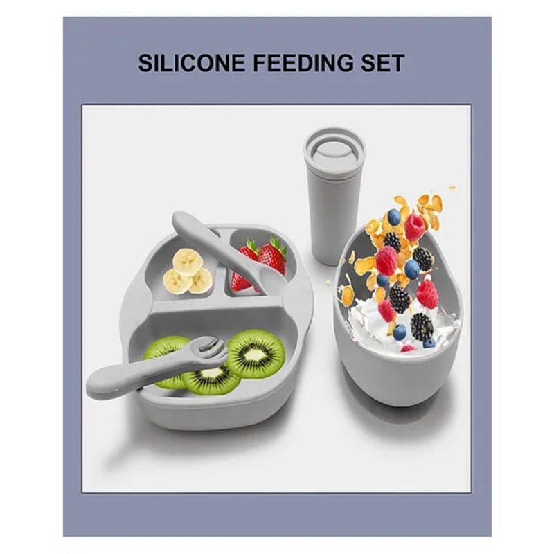 SPARKLE JOY 5 Pcs Silicone Baby Feeding Set, BPA Free & Microwave Safe Dinner Tableware Kit – Feeding Bowl, Suction Plate, Tumbler, Spoon & Fork for Kids, Toddler – Grey