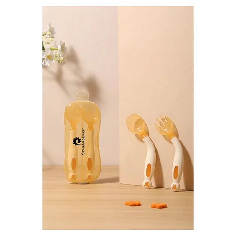 StarAndDaisy Toddler Utensils Baby Training Spoons and Forks Set with Case Bendable – Yellow