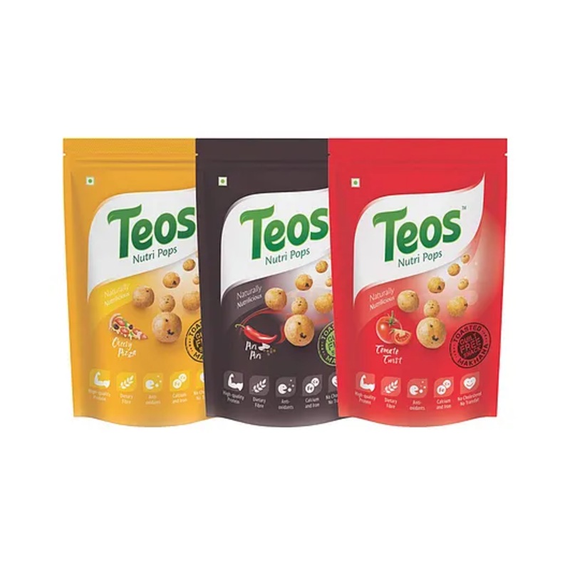 Teos Nutri Pops Makhana Variety 3-Pack – Cheesy Pizza –  Piri Piri & Tomato Twist Foxnut Snack –  65g Each