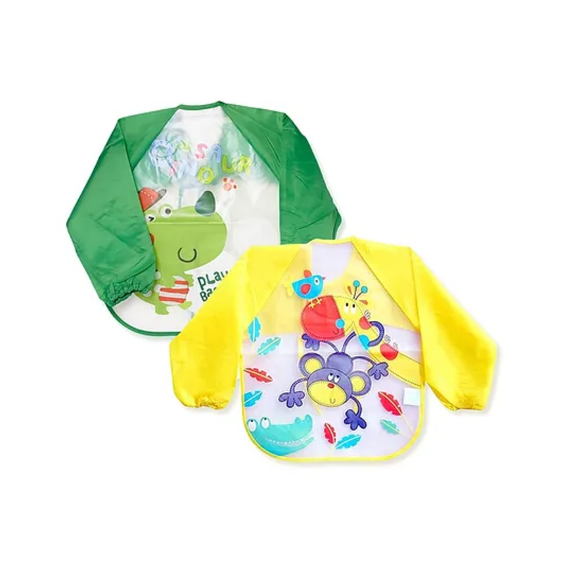 The Little Lookers Full Sleeves Washable PVC Waterproof Bibs Pack Of 2 – Green Yellow