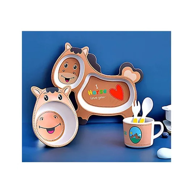 Vellique Cartoon Animal Horse Shaped Bamboo Dinnerware Mealtime Plate and Bowl Set for Kids Toddler Plate Bowl Cup Spoon Fork Eco Friendly Non Toxic Feeding Baby Utensil Set of 5 Pcs – Multicolor