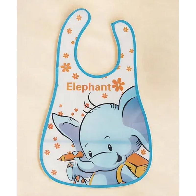 Yellow Bee PVC Baby Bib with Adorable Elephant and Flower Design for Boys- Light Blue