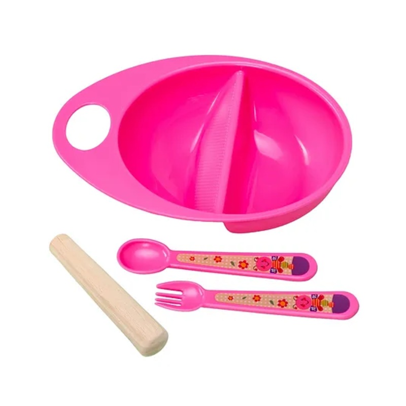 Adore Supper Hero Feeding Bowl with Spoon, Fork & Wooden Masher- Pink