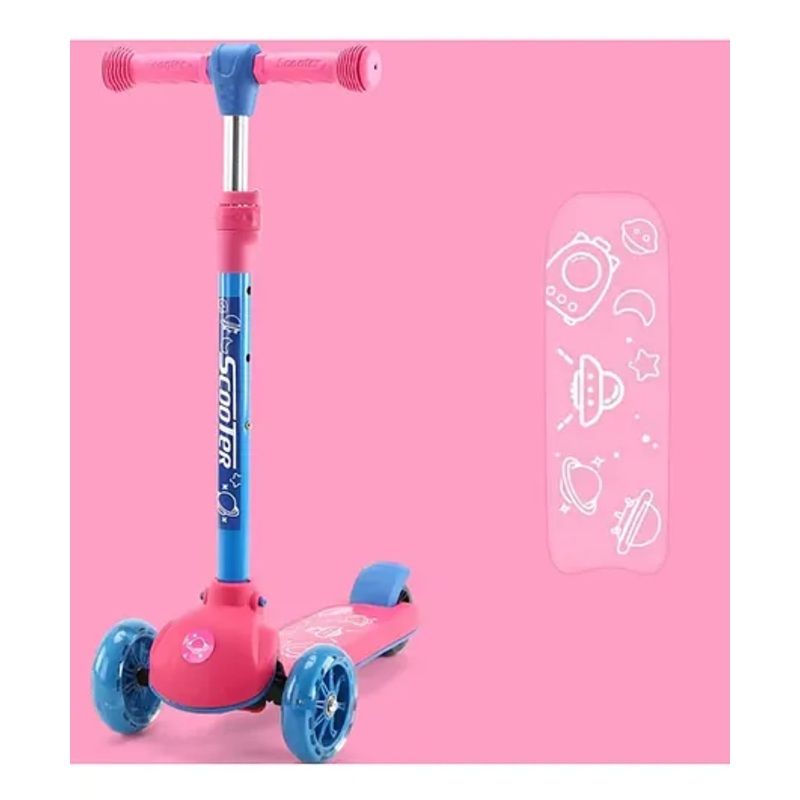 Baby Blaze Space Theme Kids Kick Scooter with PU Wheels Wide Standing Deck & 3 Level Adjustable Handlebar – Pink & Blue