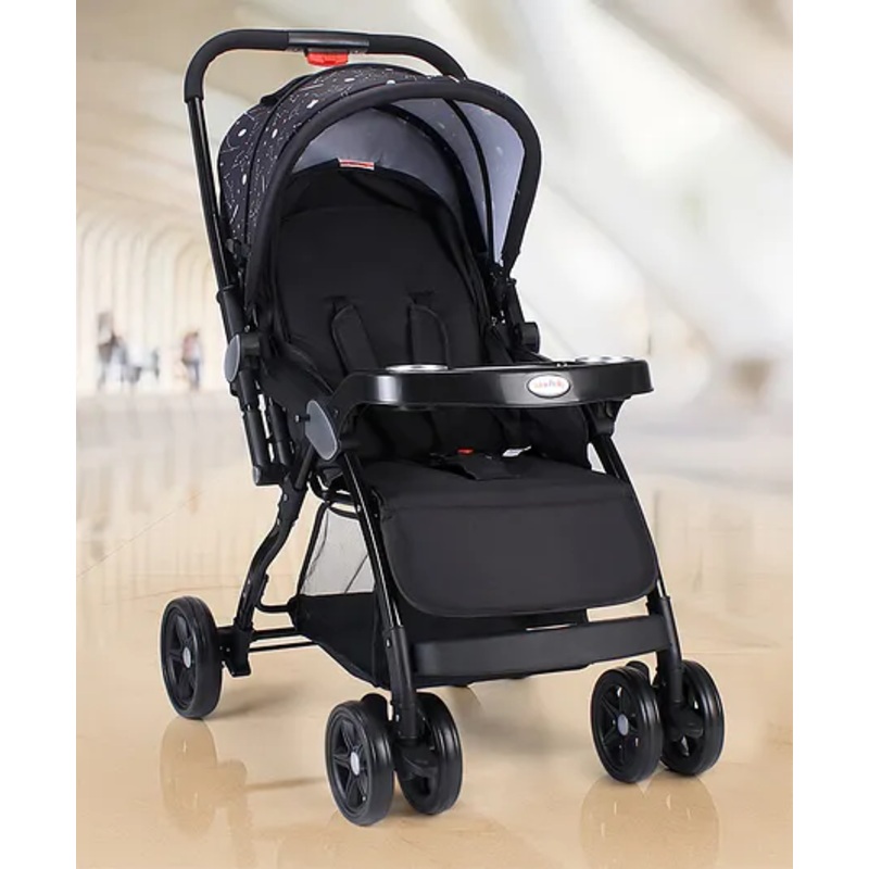 Baby Stroller with 5-Point Safety Harness Space Print – Grey| Padded Cushioned Seat| Multi-Level Backrest Recline| Single Hand Fold| Linked Brake| Food Tray with Cup Holder| Reversible Handle