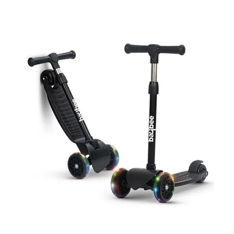 Baybee Zoomie Kick Scooter for Kids, Foldable Kids Scooter with 4 Height Adjustable Handle & Brake, Skate Scooter with LED PU Wheels (Black)