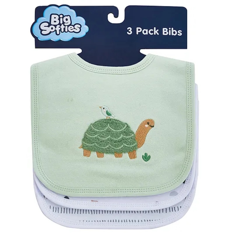Big Softies 3 pack Applique Embroidery and Printed Baby Bibs with Soft Velcro Fastener-Turtle-Cotton Ultra Soft & Super Absorbent For Drooling,