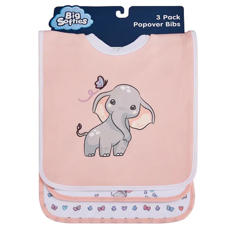 Big Softies Popover Bibs Printed & Applique Embroidery Soft Stretchable Rib Neck Blended Cotton Ultra Soft & Super Absorbent For Drooling, Teething & Feeding For Girls 6-36 Months Pack of 3-Elephant