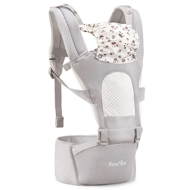 Bonfino Admire 5-in-1 Multi-Way Baby Carrier with Padded Head Support and Cool Air Mesh, Side Storage, Blue| Even Weight Distribution Waist and Shoulder| Paded straps| Breathable Mesh Fabric| Sturdy Waist Belt-Grey