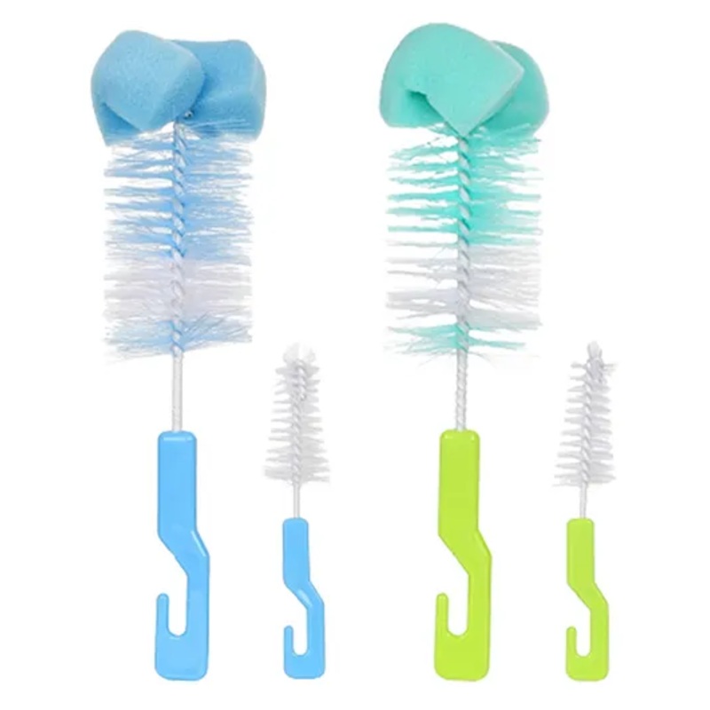 Chinmay Kids 4 Pcs Baby Milk Bottle Brush Nipple Straw Cleaner Sponge Flexible Handle & Bristles Brush Cleaner – Green & Blue