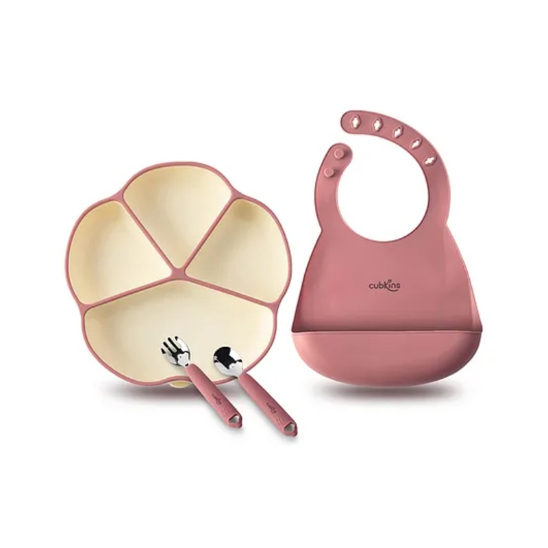 CUBKINS Set of 4 pcs – Plate, Bib, SS Spoon, SS Fork | Designed for Babies, Infants & Toddlers | BPA Free, Food Grade, FDA Approved | Easy to Clean (Raspberry)