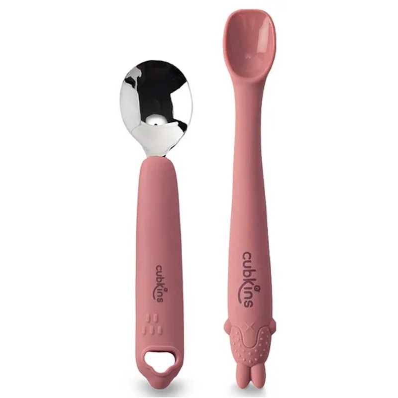 CUBKINS Set of Spoon with Stainless Steel Head and Early Feeding Bendable Silicone Spoon for Children | No Sharp Edges | BPA Free, Food Grade, FDA Approved | Washable & Reusable (Raspberry)