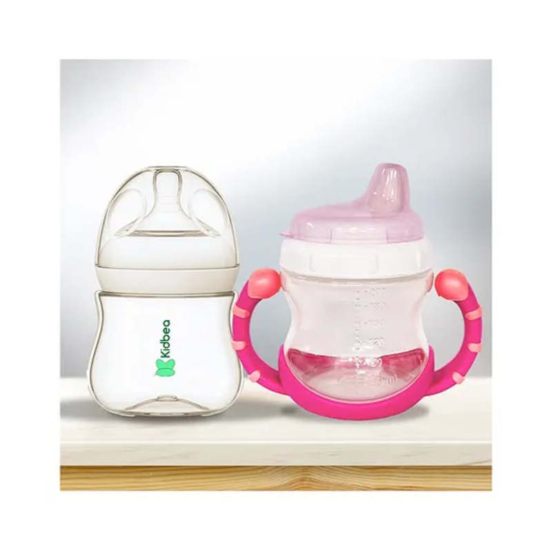 Kidbea Natural Milk Feeding Bottle, BPA-Free, Soft Nipple, Anti-Colic Design, 150 ml with Baby Feeding Sipper Cup Bottle | 200ml Wide Neck – Pink