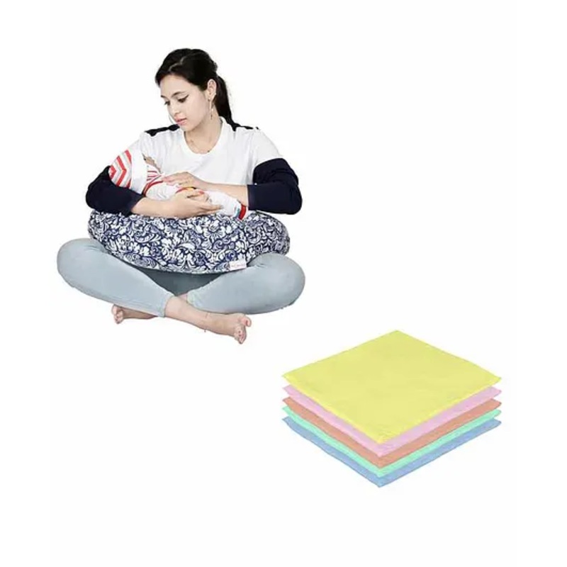 Lulamom Nursing Pillow with Cover Floral Print & Muslin Napkin – Navy