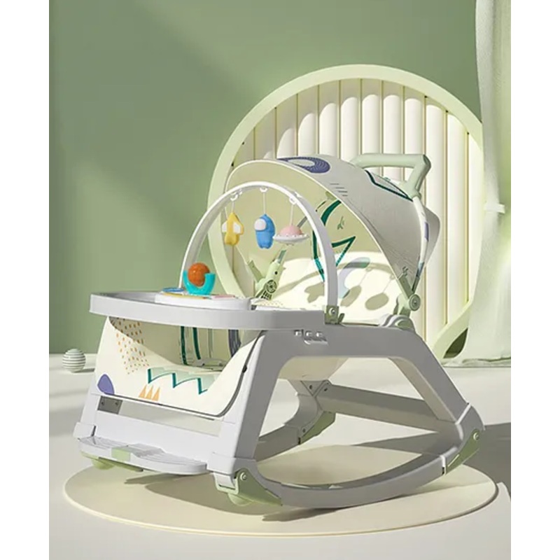 New Born to Toddler 5 in 1 Baby Rocker cum Booster Seat with Multi Position Reclining chair I Removable Meal Tray I Hanging Toys & Music – Light Green
