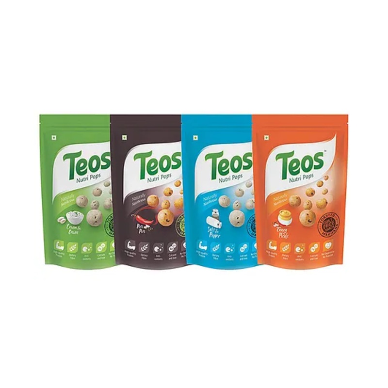 Teos Nutri Pops Roasted Makhana Cream & Onion Piri Piri Salt & Pepper & Tangy Pickle (4 x 65 g)