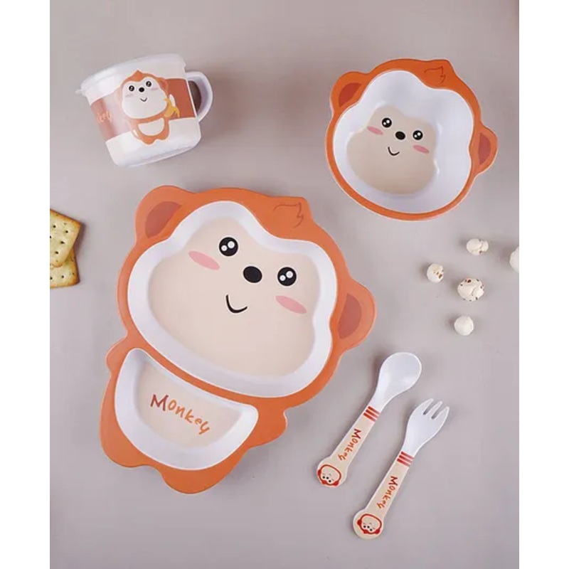 The Bamboo Co Mischievous Monkey Bamboo Kids Dinner  Set of 5- Brown