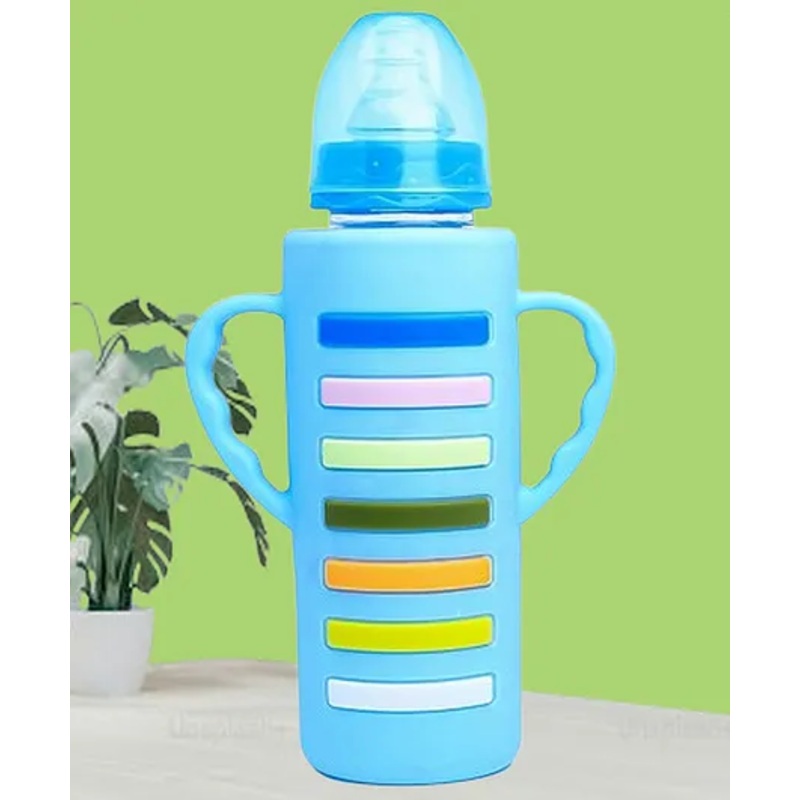 The Cheeky Kidzz Baby Borosilicate Glass Feeding Bottle Twin Handle With Silicone Cover BPA Free – 240 ml (BLUE STRIP)