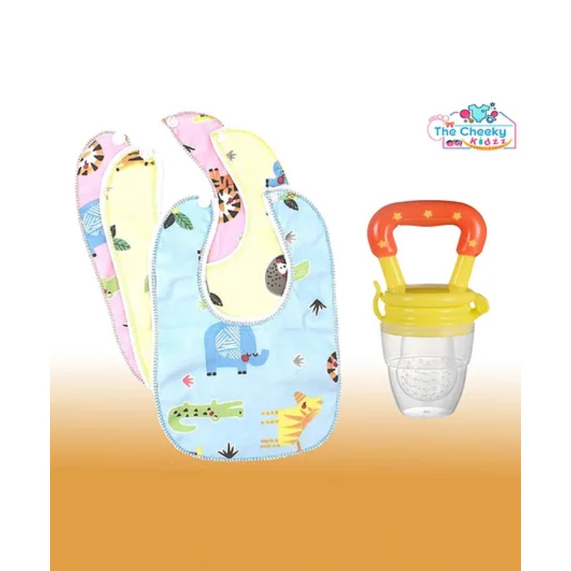 The Cheeky Kidzz Baby Food Feeder Star Silcone Fruit Vegetable Nibbler Rattle Soother Teether With 3 Cotton Feeding Bibs(YELLOW)