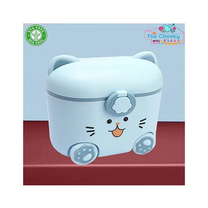 The Cheeky Kidzz Baby Milk Powder Cereal Formula Dispenser Scoop Cute Cat Face Print Box | Multifunctional Snack Meal Box Storage Container First Feed Box (BLUE)